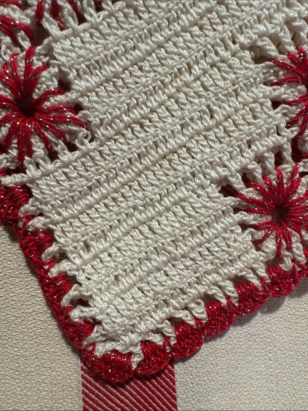 Handmade Cream and Red Crochet Pot Holder